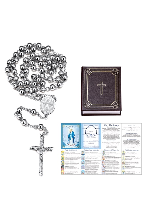 Virgin Mary Rosary Necklace for Women Silver Stainless Steel Holy Blessed Bead Catholic Christian Church Jesus Crucifix Cross Necklace with Pray Card Easter Jewelry Gift for Mother
