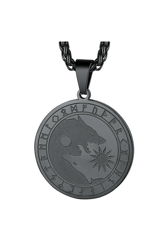 Yin Yang Wolf Pendant Necklace for Men Norse Viking Black Stainless Steel Jewelry Gift for Him Son Brother Christmas