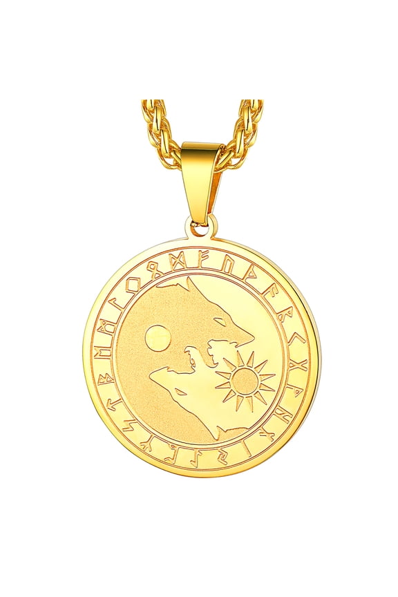 Yin Yang Wolf Pendant Necklace for Men Norse Viking Gold Plated Stainless Steel Jewelry Gift for Friends Grandson Birthday
