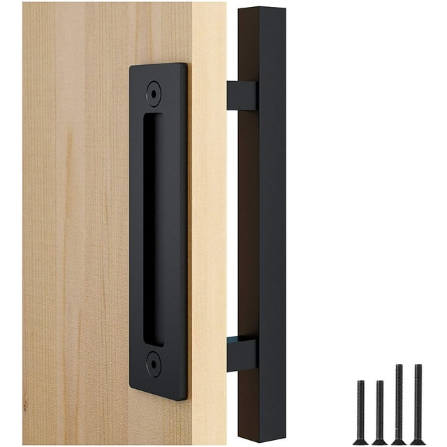 FaithLand 12" Barn Door Handle with Flush Finger Pull, Pull and Flush Door Handle Set in Black, Square - Fit Doors Up to 2 3/8'' 12" Black Pull Handle (Square)