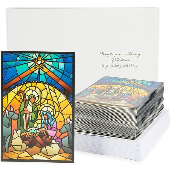 Faithful Finds Stained Glass Greeting Cards - 48-Pack, 4 x 6 In, Nativity Scene - With Gold Foil-Lined Envelopes & Blank Interior Panels