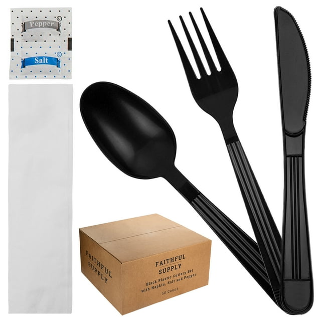 Faithful Supply 50 Black Plastic Silverware Sets Perfect for Weddings