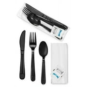 Faithful Supply Plastic Silverware Sets (250 Pre-Packaged) | Heavy Duty Wrapped Plastic Cutlery Set with Napkin for Parties (Black)