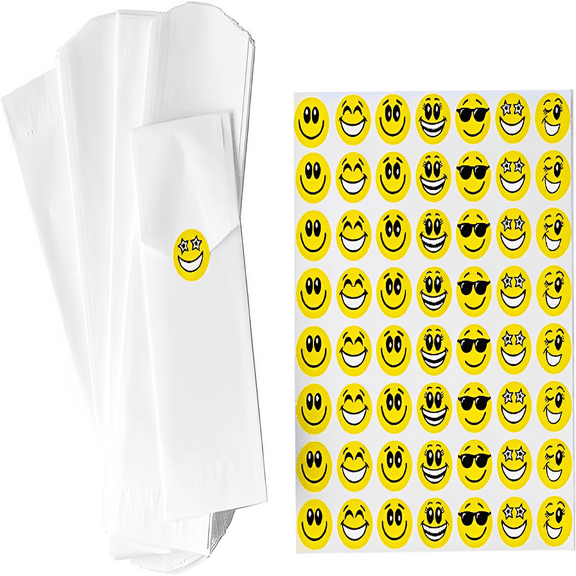Faithful Supply Silverware Paper Bags (330 pc) | Cutlery Holder for Party with Smiley Stickers