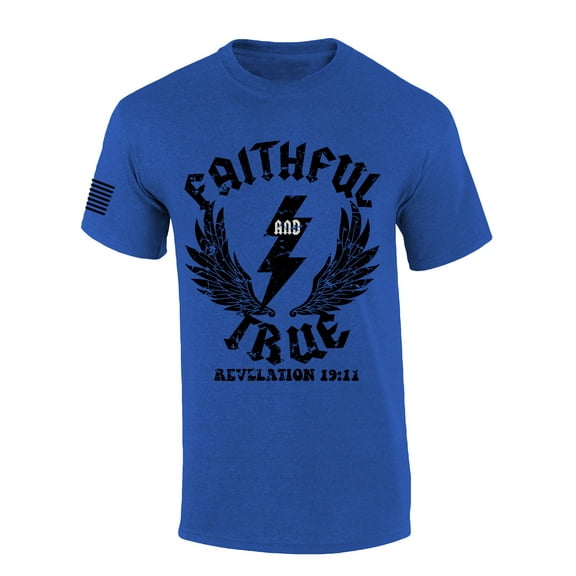Faithful And True Revelation Scripture Verse 19:11 Lightning  Bible Scripture Mens Christian Tshirt Jesus Short Sleeve T-shirt Graphic Tee-Heather Royal-medium