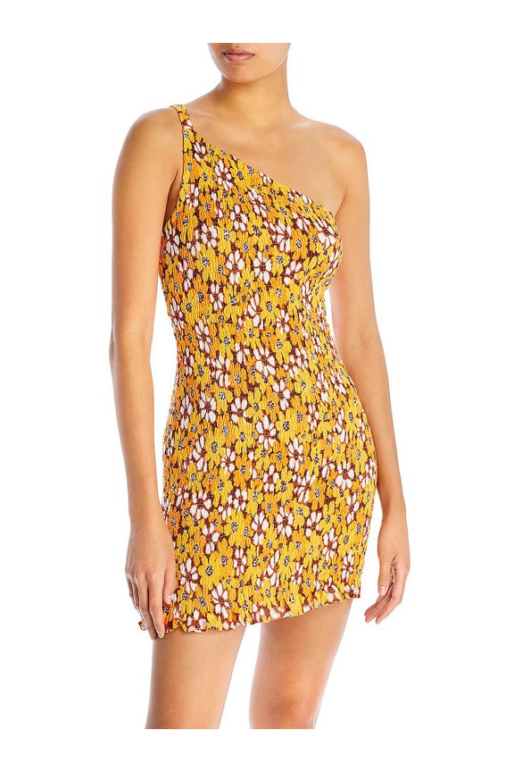 Womens One Shoulder Smocked Mini Dress