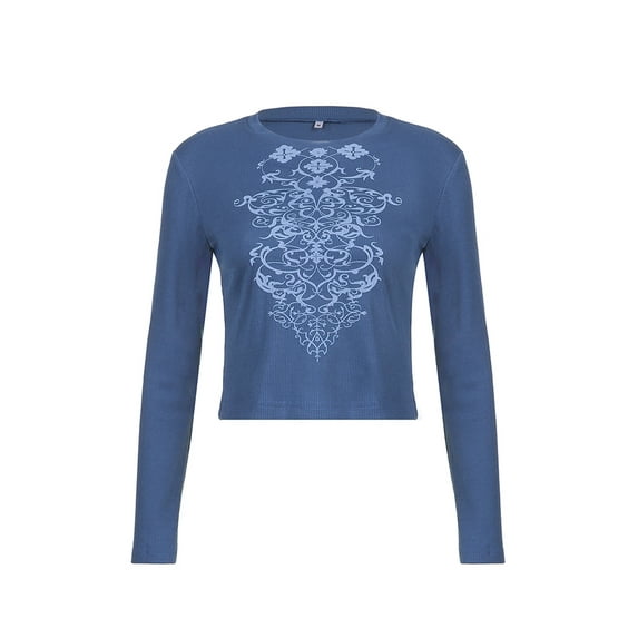 Faithtur Women’s Vintage Printing Round Neck Exposed Navel Long Sleeve T-shirt