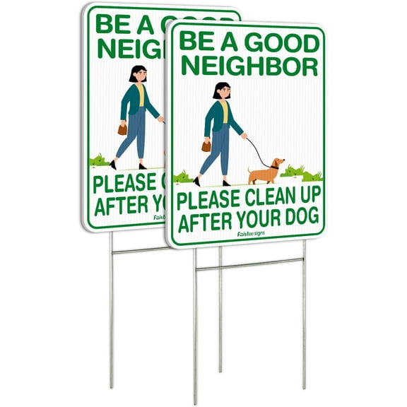 Faittoo Clean Up After Your Dog Signs (2 Pack) 12"x9" Double Sided with Metal H-Stake No Poop Signs for Lawn, Weather Resistant, Easy to Mount