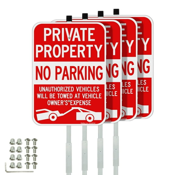 Faittoo Large Private Property No Parking Sign with 36" Stake, 4-Pack 14"x10" Vehicle Towed At Owner's Expense Reflective Aluminum Sign