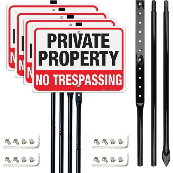 Faittoo Large No Trespassing Sign Private Property with 54" Metal Thick Stake, 4 Pack14"x10" Rust Free Heavy Aluminum, Reflective, Fade Resistant, Easy to Mount, Outdoor Use