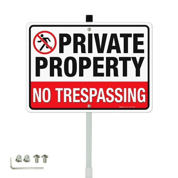 Faittoo No Trespassing Sign Private Property with 36" Stake for Outside, 14"x10" Reflective Rust Free Heavy Aluminum
