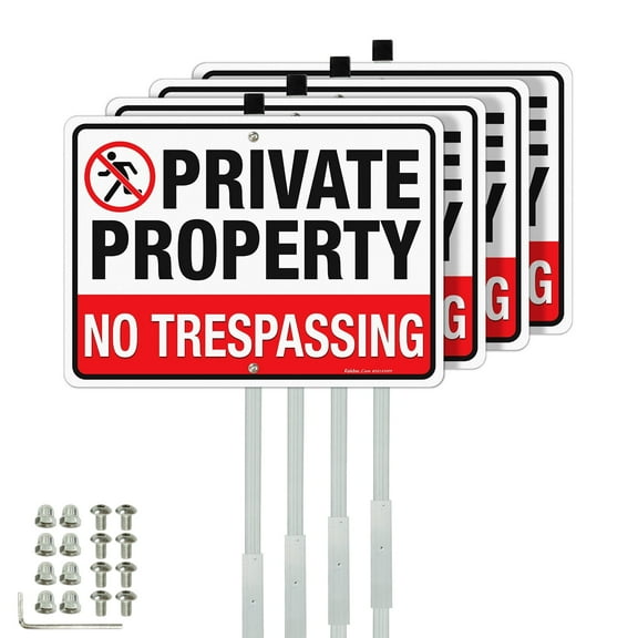 Faittoo No Trespassing Sign Private Property with 36" Stake for Outside, 4-Pack 14"x10"Reflective Rust Free Heavy Aluminum,