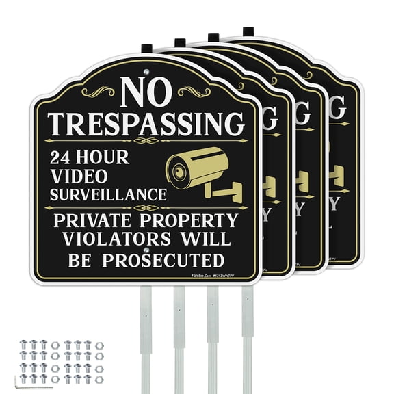 Faittoo No Trespassing Signs Private Property Video Surveillance Sign with 42" Stake, 4-Pack 12"x12" Rust Free Reflective Aluminum Sign