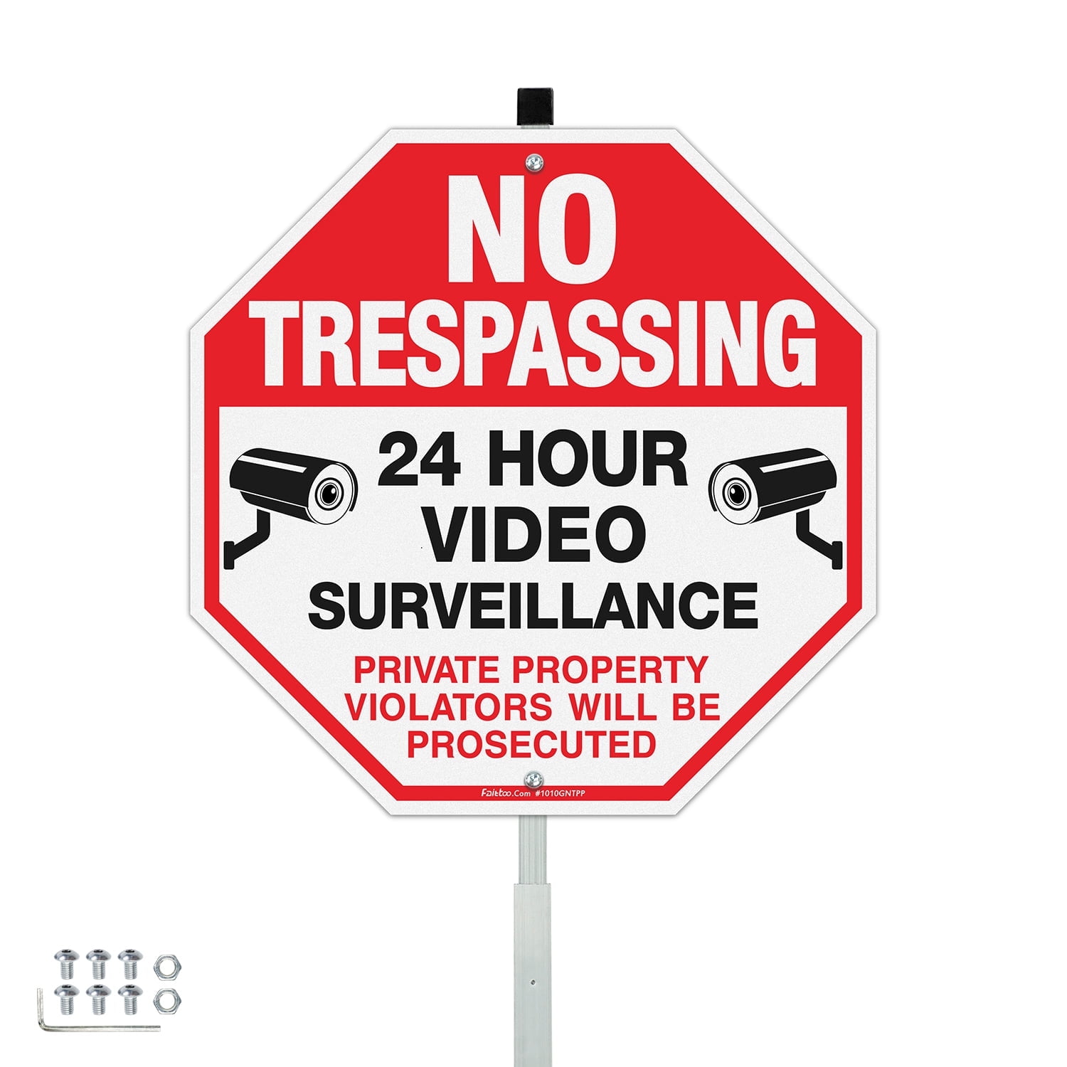 Faittoo No Trespassing Signs Private Property with 42" Stake for Outside, 10"x10" Video Surveillance Sign, Rust Free Reflective Aluminum