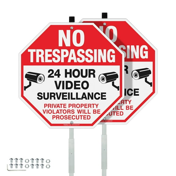 Faittoo No Trespassing Signs Private Property with 42" Stake for Outside, 2-Pack 10"x10" Video Surveillance Sign, Rust Free Reflective Aluminum