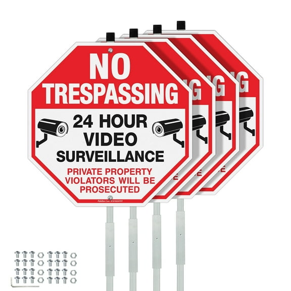 Faittoo No Trespassing Signs Private Property with 42" Stake for Outside, 4-Pack 10"x10" Video Surveillance Sign, Rust Free Reflective Aluminum