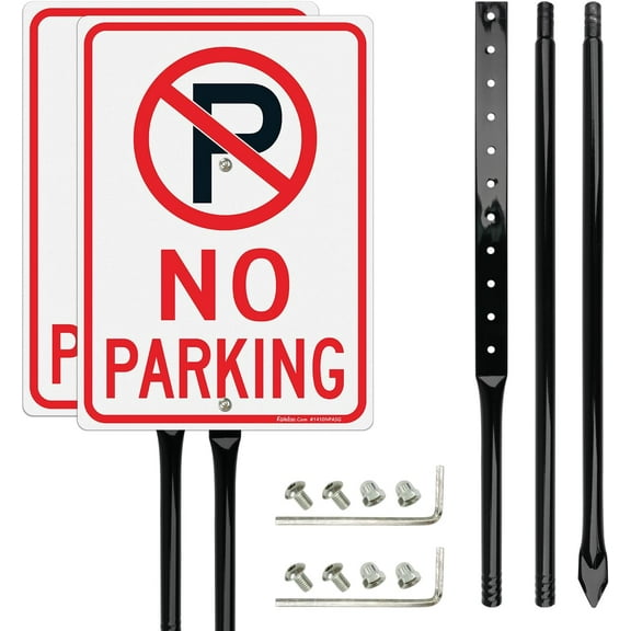 Faittoo Outdoor No Parking Sign (2-Pack) - 14"x10" Heavy Rust-Free Aluminum, Reflective & Fade Resistant, 54" Thick Metal Stake Included, Easy Mounting Design