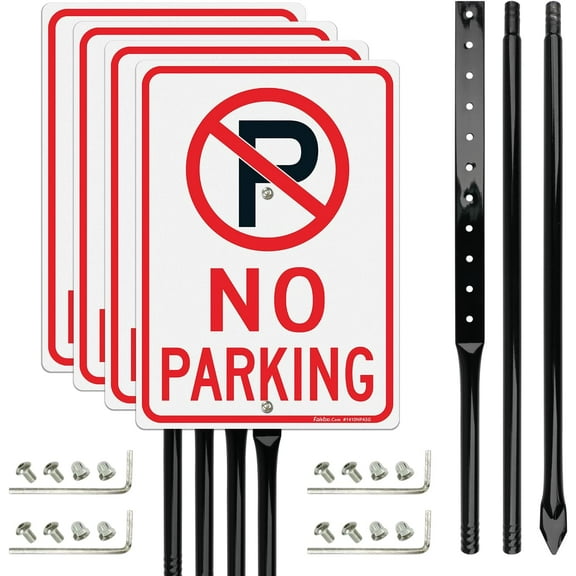 Faittoo Outdoor No Parking Sign (4-Pack) - 14"x10" Heavy Rust-Free Aluminum, Reflective & Fade Resistant, 54" Thick Metal Stake Included, Easy Mounting Design