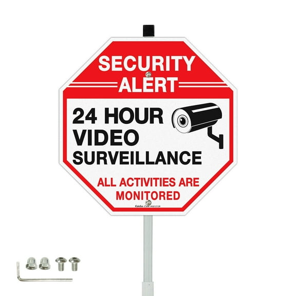 Faittoo Security Sign Video Surveillance Sign with 36" Stake for Outside, 12"x12" Reflective Rust Free Heavy Aluminum