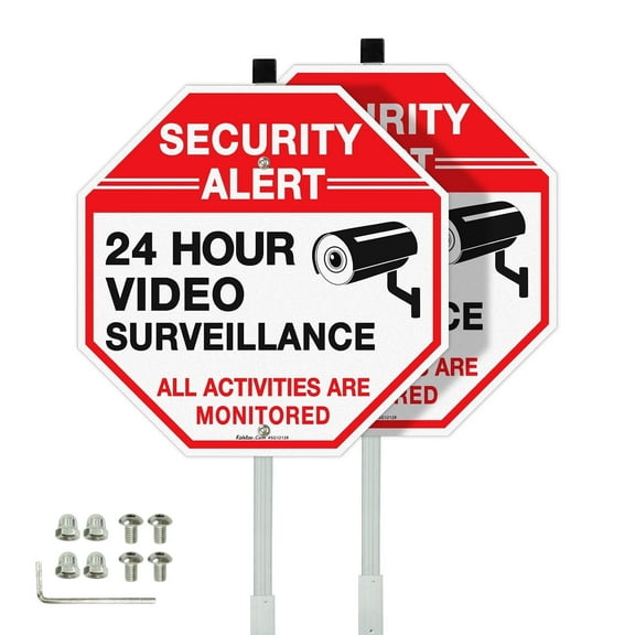 Faittoo Security Video Surveillance Sign - 2-Pack 12"x12" Reflective Rust-Free Aluminum, 36" Outdoor Stake, Red/Black/White