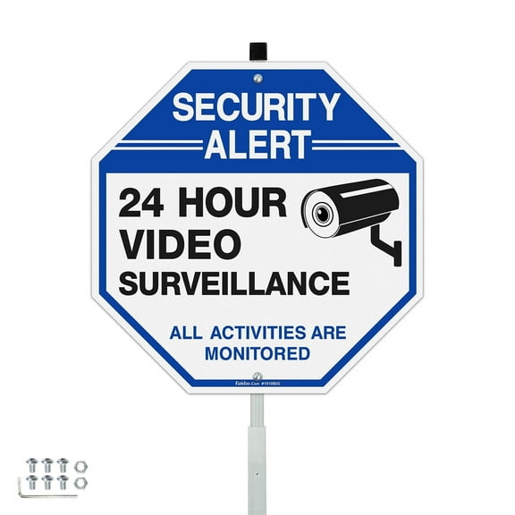 Faittoo Security Video Surveillance Sign - 10"x10" Rust-Free Reflective Aluminum, 42" Stake, Blue/Black/White Design