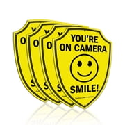 Faittoo Smile You're On Camera Sign, Video Surveillance Signs Outdoor, 4-Pack, 9.6 x 6.8 Inch Reflective Aluminum Warning Sign for Home Business CCTV Security C