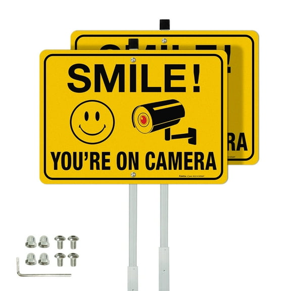Faittoo Smile Your On Camera Signs with 36" Stake for Outside, Reflective 2-Pack 14"x10" Rust Free Heavy Aluminum