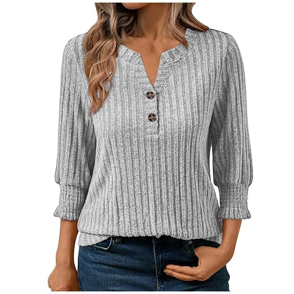 FAIWAD Sweaters for Women Ruffle 3/4 Sleeve V Neck Button up Dressy Casual Tops Loose Soft Ribbed Knit Clothes
