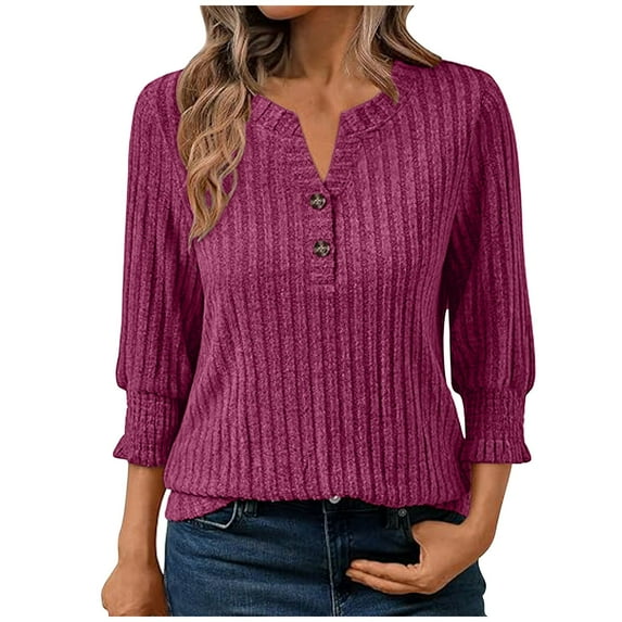 FAIWAD Sweaters for Women Ruffle 3/4 Sleeve V Neck Button up Dressy Casual Tops Loose Soft Ribbed Knit Clothes