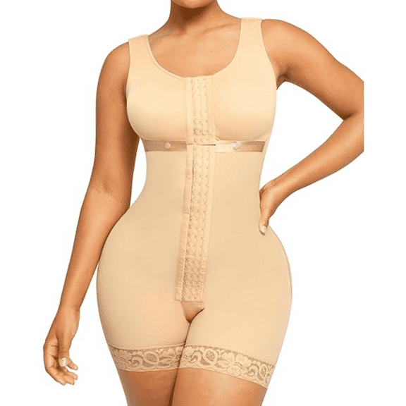 Fajas Colombianas Women Solid Lace-Trim Shapewear Bodysuit Tummy Control Full Body Shaper with Hook