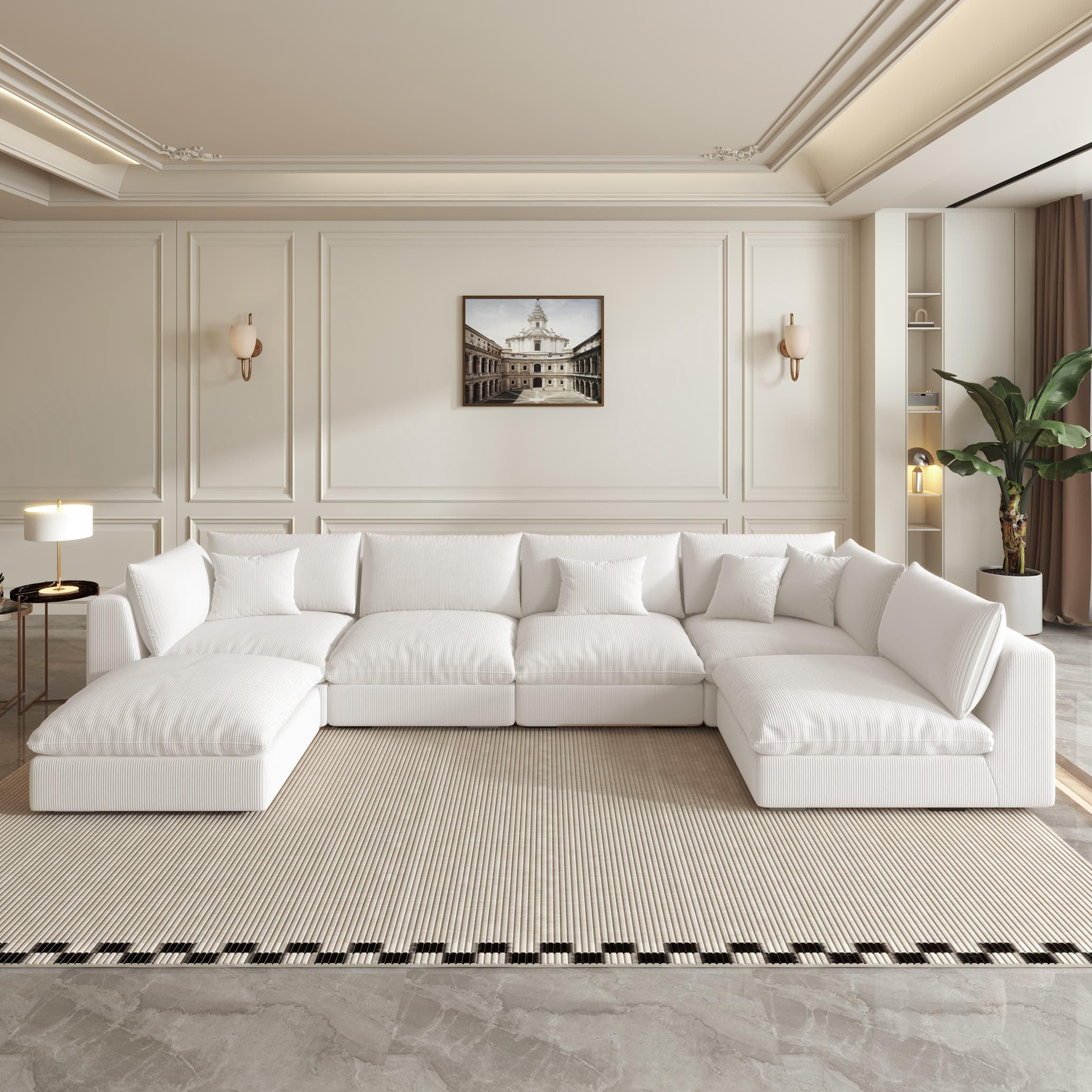 Fajiani 156'' Oversized Sectional Sofa, Modular Sofa with Ottoman, Cloud Couch,Deep Seating Sofa  Modern Living Room/Office (Velvet, Cream White-6 Seater)