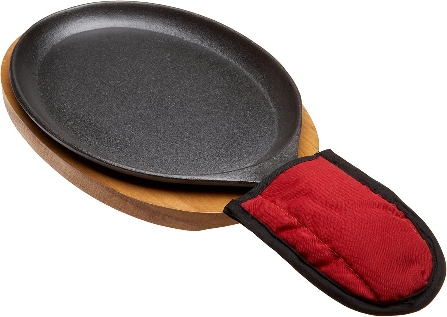 Mr. Bar-B-Q Cast Iron Fajita Skillet Set | Sizzling Plate with Wooden Base  and Cloth Handles | Impress your Dinner Guests with an Authentic Fajita