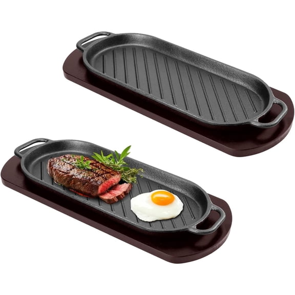 Fajita Skillet Sizzling Plate with Wooden Base for Steak Plate Home Restaurant Kitchen Cooking (2PCS)