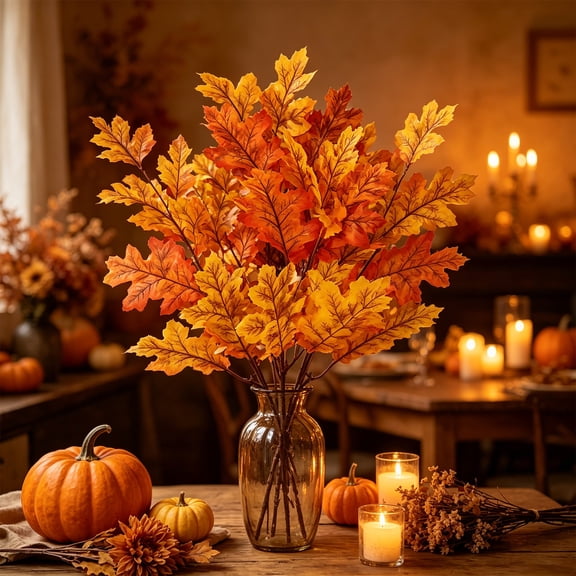 Fake Autumn Leaf Branch, 15.75 Inch Artificial Maple Leaf Bouquet for Halloween Decor and Photography Props, Yellow, 2 Pack
