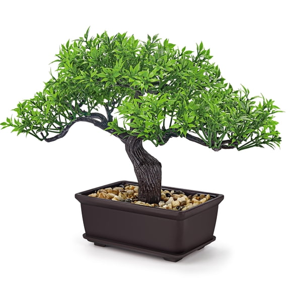 Fake Bonsai Tree 8 Inch, Artificial Zen Plant for Modern Office Desk Decor, Japanese Style Indoor Shelf Plant for Men's Room, Home Office, and Bathroom Decor, Compact Realistic Desktop Bonsai