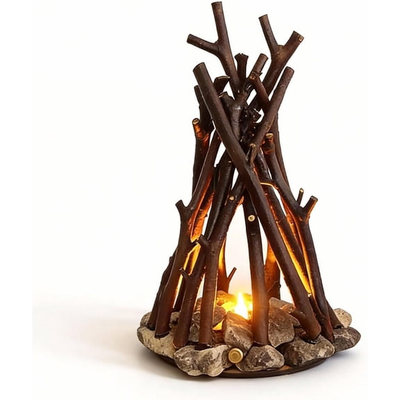 Fake Campfire, 2026 New Campfire Lamp, LED Night Light Wooden Campfire, Handcrafted Oak Wood and Stone, Flickering Flame with 3 Lighting Modes