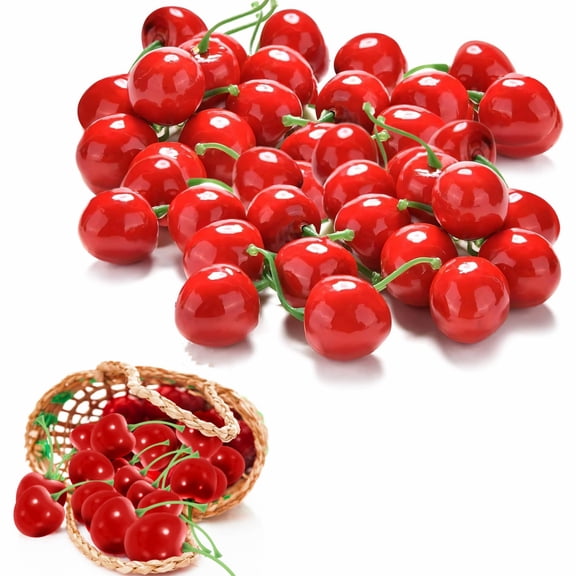 Fake Cherries GIXUSIL 50Pcs Artificial Cherry Decor, Simulation Cherries Fruit Decorations, Lifelike Cherry Model, Home Kitchen Party Decoration Desk Ornament, Photography Prop (Red)