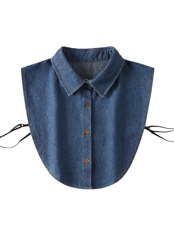 Fake Collar Denim Detachable Half Shirt Blouse Faux Collar Dickey Collar for Women with Buttons Blue