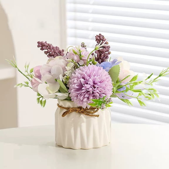 Fake Embroidered Ball with Pot, Mini Embroidered Ball Artificial Flowers Artificial Plant in Ceramic Vase for Office Desktop Decorations (Purple)