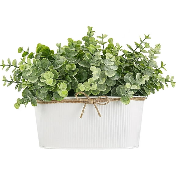 Fake Euc Plants Indoor for Farmhouse Home Decor Artificial Faux Plants in Rustic Rectangular Pots Table Centerpiece for Bathroom Office Living Room Shelf Laundry Decor, 7" L x 4" H