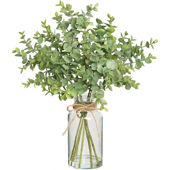 Fake Eucalyptus Stems in Glass Vase with Faux Water,14" Artificial Plants Eucalyptus Leaves for Shelf Desk Bathroom Farmhouse Room Coffee Table Home Decor (Sage Green)