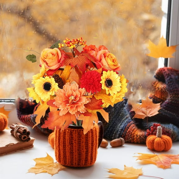 Fake Fall Leaves Stems, 16.9" Artificial Leaves Branches in Vase, Autumn Maple Leaf Decorations,Foliage for Kitchen Thanksgiving Table Centerpieces Wedding Shop Office Home Décor