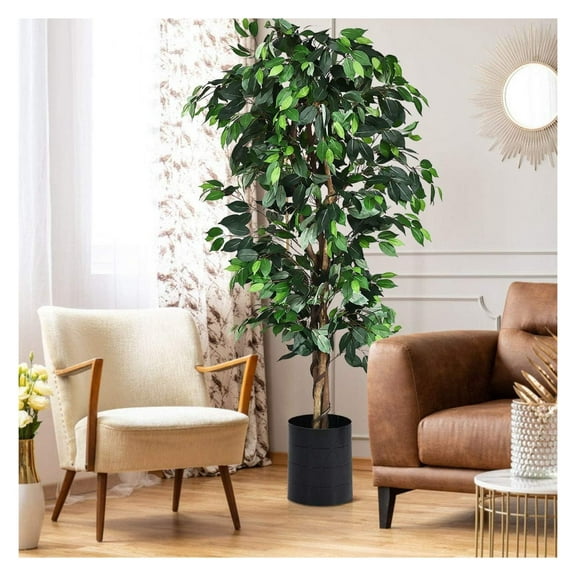 Fake Ficus Tree, 6FT Tall Potted Artificial Weeping Fig Tree w/ 1008 Leaves, 3 Trunks, Dried Moss, Faux Tree for Home Living Room Office Decoration Indoor