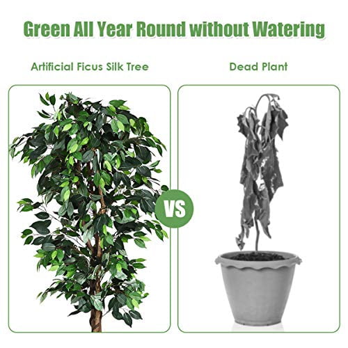Fake Ficus Tree, 6FT Tall Potted Artificial Weeping Fig Tree w/ 1008 Leaves, 3 Trunks, Dried Moss, Faux Tree for Home Living Room Office Decoration Indoor