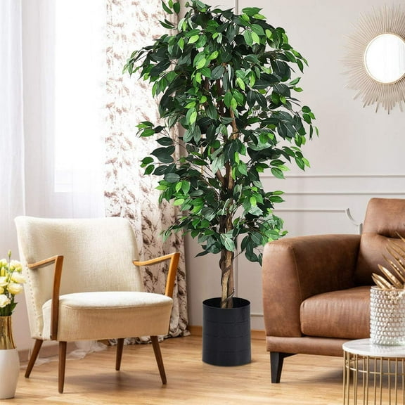 Fake Ficus Tree, 6FT Tall Potted Artificial Weeping Fig Tree w/ 1008 Leaves, 3 Trunks, Dried Moss, Faux Tree for Home Living Room Office Decoration Indoor