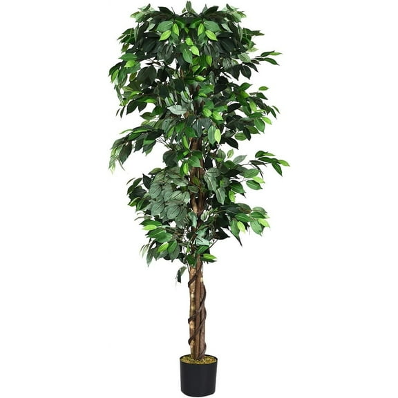 Fake Ficus Tree, 6FT Tall Potted Artificial Weeping Fig Tree w/ 1008 Leaves, 3 Trunks, Dried Moss, Faux Tree for Home Living Room Office Decoration Indoor