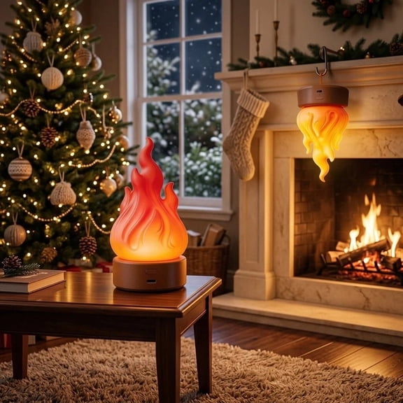 Fake Fire Campfire Night Light, LED Flickering Flame Lamp Rechargeable with Timer & Dimmer, Portable Indoor Outdoor Ambient Decor for Halloween Christmas Party Camping Home Bedroom Gift(RED-2pcs)