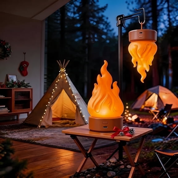 Fake Fire Campfire Night Light, LED Flickering Flame Lamp Rechargeable with Timer & Dimmer, Portable Indoor Outdoor Ambient Decor for Halloween Christmas Party Camping Home Bedroom Gift(Orange)