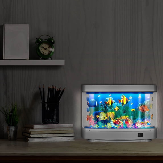 Fake Fish Tank Lamp Decor Mini Aquarium with Moving Fish Sensory Light 30x23x7cm Calming Night Light for Desktop Children Room Office Relaxation