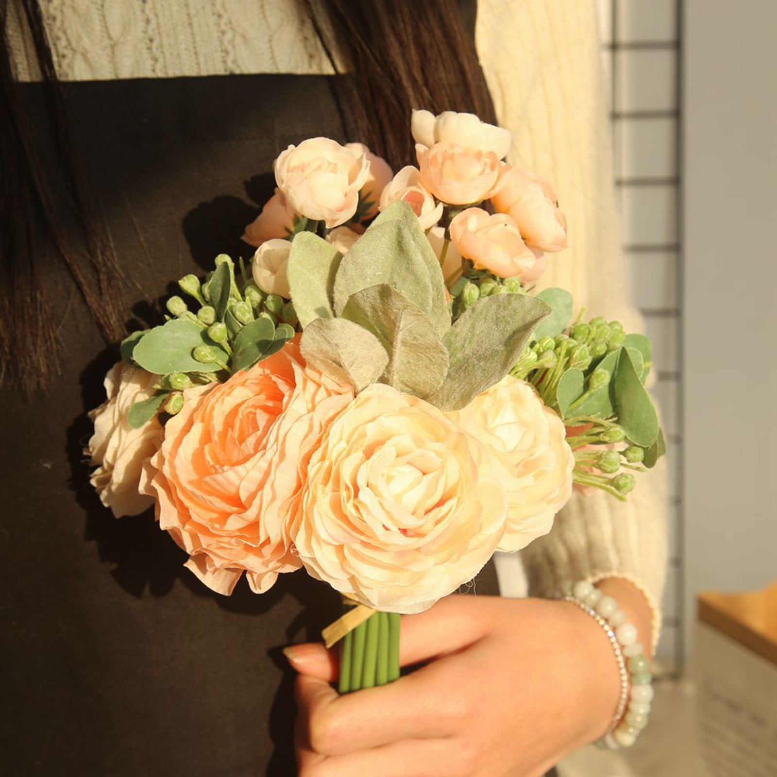 Amaping Artificial Peony Flower Leaf Artificial Flowers Cabbage Rose Roses Flowers Bouquet Vintage Peony Silk Flower For Home Garden Bridal Wedding Party Festival Decor (Orange, One Size
